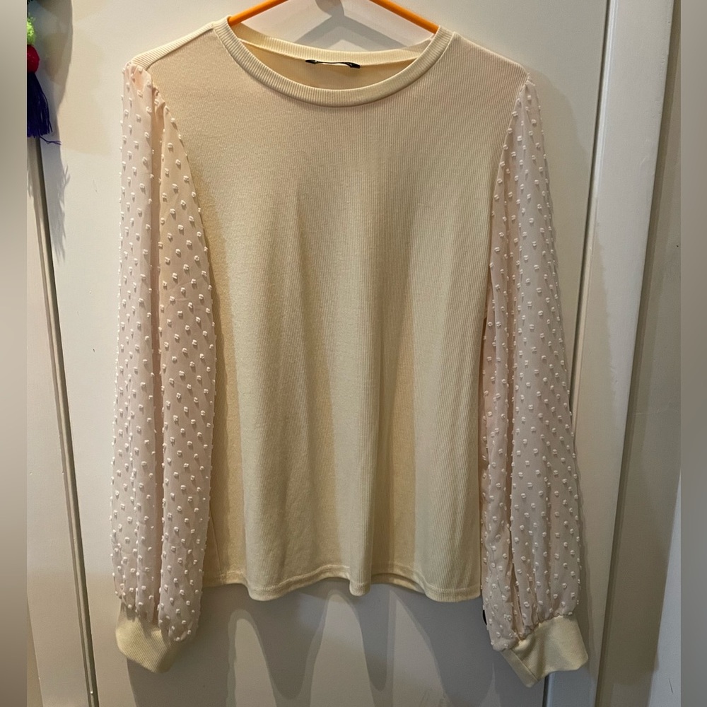 Shien XL cream top with Swiss dot arms.